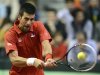 Djokovic of Serbia returns the ball to Rochus of Belgium during their world group first round match in the Davis Cup tennis tournament in Charleroi