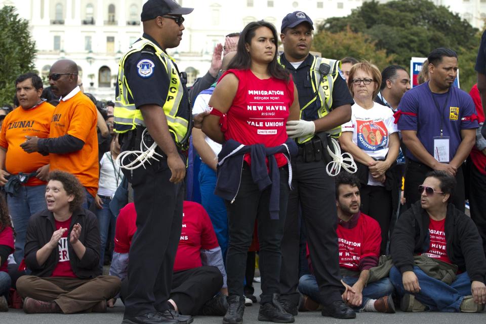 A demonstrator is arrested by U.S. Capitol Police officers on Capitol Hill during a immigration rally in Washington, Tuesday, Oct. 8, 2013, to demand the House Republican leadership pass comprehensive immigration reform with a path to citizenship. ( AP Photo/Jose Luis Magana)
