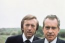 File - Former US President Richard M. Nixon, right, with broadcaster David Frost in California in this 1977 file photo. Sir David Frost has died at the age of 74 his family said in a statement Sunday Sept. 1 2013. (AP Photo, file)