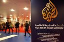 The logo of Al Jazeera Media Network is seen at the MIPTV, the International Television Programs Market, event in Cannes