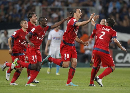 Paris St Germain's Ibrahimovic celebrates after scoring the second goal for the team during their French Ligue 1 soccer match against Olympique Marseille at the Velodrome Stadium in Marseille