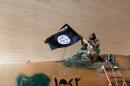 a fighter of the Islamic State group waving their flag from inside a captured government fighter jet