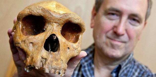 El paleoantropólogo británico Chris Stringer muestra el cráneo de un homínido