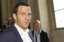 FILE - In this June, 4 2012 file photo, French trader Jerome Kerviel arrives at the Paris courthouse. The Paris appeals court on Wednesday, Oct. 24, 2012, ordered Kerviel, a former Societe Generale trader, to spend three years in prison and pay back a staggering €4.9 billion (about $7 billion) in damages for one of the biggest trading frauds in history. (AP Photo/Jacques Brinon, File)