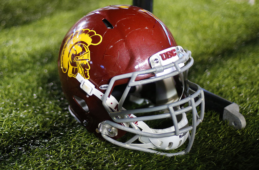 CHESTNUT HILL, MA - SEPTEMBER 13: A USC helmet is seen during the game between the Boston College Eagles and the USC Trojans on September 13, 2014 at ...