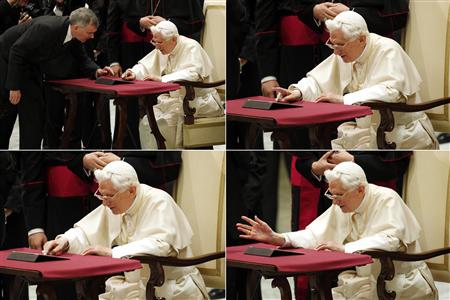 A combination picture shows Pope Benedict XVI posting his first tweet using an iPad tablet after his Wednesday general audience in Paul VI's Hall at the Vatican December 12, 2012. REUTERS/Giampiero Sposito