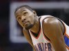 Thunder's Durant looks up at the scoreboard against the Knicks late is the fourth quarter of their NBA basketball game in Oklahoma City