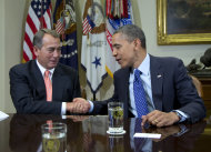 <p>               President Barack Obama shakes hands with House Speaker John Boehner of Ohio in the Roosevelt Room of the White House in Washington, Friday, Nov. 16, 2012, during a meeting to discuss the deficit and economy.  (AP Photo/Carolyn Kaster)