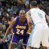 Los Angeles Lakers guard Kobe Bryant (24) drops back to defend against Denver Nuggets' Arron Afflalo in the first quarter of Game 3 of the teams' first-round NBA playoff series in Denver on Friday, May 4, 2012. (AP Photo/David Zalubowski)