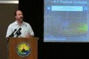 Acting Director Tom Evans of the Central Pacific Hurricane Center speaks during a briefing in Honolulu on Wednesday, May 21, 2014. Weather forecasters are predicting four to seven tropical cyclones in the central Pacific Ocean during this year's hurricane season. (AP Photo/Oskar Garcia)