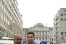 This handout photo obtained on June 28, 2015 shows Sarah Hekmati (L), her husband Ramy Kurdi (C) and US television personality Montel Williams outside the venue of the Iran talks in Vienna