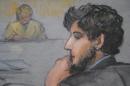 Courtroom sketch shows Boston Marathon bombing suspect Tsarnaev during the jury selection process in his trial at the federal courthouse in Boston