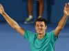 Tomic of Australia celebrates defeating Anderson of South Africa during their men's final match at the Sydney International tennis tournament