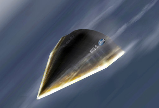 This artists rendering provided by the U.S. Defense Advanced Research Projects Agency shows a Hypersonic Technology Vehicle-2, an unmanned hypersonic glider that likely aborted its 13,000 mph flight over the Pacific Ocean last summer because unexpectedly large sections of its skin peeled off, the U.S. Defense Advanced Research Projects Agency said Friday April 20, 2012.   (AP Photo/DARPA)