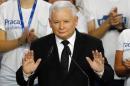 The leader of Poland's main opposition party Law and Justice Kaczynski addresses after the exit poll results are announced in Warsaw