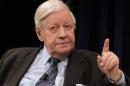 FILE - In this April 2, 2009 file photo former German Chancellor Helmut Schmidt makes a gesture during a discussion hosted by the ECB in Frankfurt, central Germany. Helmut Schmidt died Nov. 10, 2015. He was 96. (AP Photo/Daniel Roland, file)