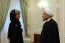Iranian President Hassan Rouhani greeting Australian Foreign Minister Julie Bishop in Tehran on April 18, 2015