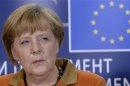 Germany's Chancellor Merkel holds news conference after addressing the political groups at the European Parliament in Brussels