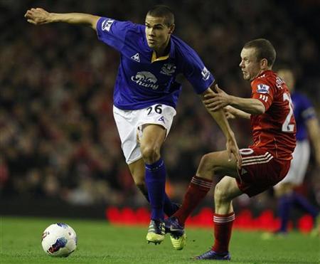 Liverpool's Spearing challenges Everton's Rodwell during their English Premier League soccer match in Liverpool
