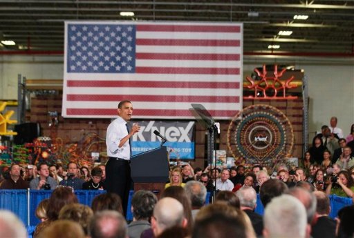 U.S. President Obama speaks at the Rodon Group, a manufacturer of toys in Hatfield