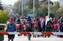 Migrants and refugees walk to the Croatian-Slovenian border after disembarking from a train on October 20, 2015 in Kljuc Brdovecki