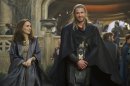 FILE - This publicity photo released by Walt Disney Studios and Marvel shows Natalie Portman, left, as Jane Foster and Chris Hemsworth as Thor, in Marvel's "Thor: The Dark World." Disney is previewing several of the studio's upcoming live-action films for fans at the D23 Expo, Aug. 9-11, 2013, a three-day Disney extravaganza at the Anaheim Convention Center. "Thor: The Dark World," "Captain America: Winter Soldier," "Muppets Most Wanted," "Saving Mr. Banks" and "Tomorrowland" are just some of the movies that will be teased at a Saturday morning presentation. (AP Photo/Walt Disney Studios/Copyright Marvel, Jay Maidment, File)