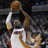 Miami Heat small forward LeBron James (6) shoots against Oklahoma City Thunder power forward Nick Collison (4) during the first half of Game 4 of the NBA Finals basketball series, Tuesday, June 19, 2012, in Miami.  (AP Photo/Lynne Sladky)
