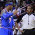 New York Knicks' Anthony argues with referee Adams after Adams called technical foul on Anthony as met Miami Heat during NBA basketball game in Miami