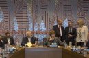 Kerry, Zarif, Ashton and Lavrov are seated during a meeting of the foreign ministers representing the permanent five member countries of the United Nations Security Council, including Germany, at UN Headquarters in New York