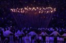 The Olympic Cauldron is seen alight during the opening ceremony of the London 2012 Olympic Games