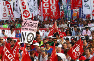 <p>               Demonstrators shows a banner reading "no bread, no peace, as a protest against austerity measures announced by the Spanish government in Madrid, Spain, on Thursday July 19, 2012.  Concerns over Spain's attempts to restore market confidence in its economy resurfaced Thursday after a bond auction went poorly and its borrowing costs edged higher,  even as the country's Parliament passed the latest round of harsh austerity measures designed to cut its bloated deficit.  (AP Photo/Andres Kudacki)