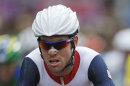 Britain's Mark Cavendish pedals during the Men's Road Cycling race at the 2012 Summer Olympics, Saturday, July 28, 2012, in London. (AP Photo/Sergey Ponomarev)