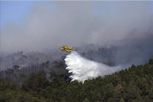 Un hidroavión trabaja en las labores de extinción del incendio forestal que se ha declarado esta tarde en Pradell de la Teixeta (Tarragona), que ha quemado 21 hectáreas de vegetación y ha obligado a dar paso alternativo en la N-420. EFE