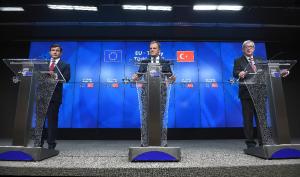 (L-R) Turkish PM Ahmet Davutoglu, European Council &hellip;