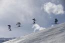 Jean Frederic Chapuis of France, left, leads compatriots Jonathan Midol, second left, Jonas Devouassoux, third left, and Austria's Andreas Matt during the second men's ski cross quarterfinal at the Rosa Khutor Extreme Park, at the 2014 Winter Olympics, Thursday, Feb. 20, 2014, in Krasnaya Polyana, Russia. (AP Photo/Sergei Grits)