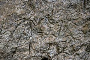 Carvings are seen on a rock wall in Binangonan, east …