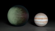 Ilustração da Nasa mostra o exoplaneta Kepler ao lado de Júpiter