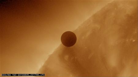 NASA image shows the planet Venus at the start of its transit of the Sun
