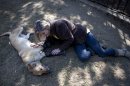 "Milagros Caninos," sanctuary owner Patricia Ruiz shows some attention to Belgian shepherd mix, Pay de Limon or Lemon Pie, on the grounds of the sanctuary for abused and abandoned dogs, in Mexico City, Friday, Jan. 11, 2013. Ruiz says Pay de Limon who was fitted with prosthetic front legs, was found last February in a trash can where he was left to die after his two fronts legs were surgically removed. Pay de Limon is one of 128 abused dogs living in the vast Milagros Caninos sanctuary in southern Mexico City. (AP Photo/Eduardo Verdugo)