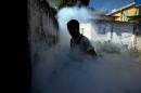 A Sucre municipality worker fumigates for Aedes aegypti mosquitoes that transmit the Zika virus in the Petare neighborhood of Caracas, Venezuela, Monday, Feb. 1, 2016. Venezuela is reporting a jump in cases of a rare, sometimes paralyzing syndrome that may be linked to the Zika virus. (AP Photo/Fernando Llano)