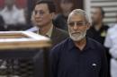 Muslim Brotherhood's Supreme Guide Mohamed Badie looks on during his trial in Cairo