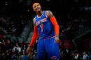EL alero de los New York Knicks Carmelo Anthony sonríe durante el partido disputado entre los Hawks y los Knicks, en Atlanta, el miércoles 13 de noviembre