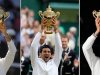 This combo made from 2009, left, 2008, center, and 2011 file photos shows from left: Roger Federer, Rafael Nadal and Novak Djokovic after winning at Wimbledon. As Novak Djokovic, Rafael Nadal and Roger Federer step back on the grass at Wimbledon, each has reason to believe he'll be hoisting the trophy overhead in two weeks' time. Indeed, it's tough to imagine anyone outside that trio winning this year's championship at the All England Club, where play begins Monday June 25, 2012. (AP Photo/FILE)