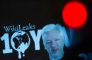 WikiLeaks founder Julian Assange addresses journalists in Berlin via a live video link on October 4, 2016
