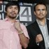 Manny Pacquiao, left, of the Philippines, and Juan Manuel Marquez, of Mexico, promote their upcoming boxing match during a news conference in Beverly Hills, Calif., Monday, Sept. 17, 2012. The two will fight for the fourth time on Dec. 8 in Las Vegas. (AP Photo/Reed Saxon)