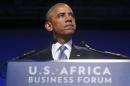 President Barack Obama pauses as he speaks at the US Africa Business Forum during the US Africa Leaders Summit, Tuesday, Aug. 5, 2014, at the Mandarin Oriental Hotel in Washington. African heads of state are gathering in Washington for an unprecedented summit to promote business development. (AP Photo/Charles Dharapak)