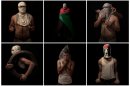 In this combination of photos made from six photos taken on June 11 and June 13, 2012, Palestinian stone throwers pose for portraits in the West Bank village of Bilin, near Ramallah. The stone throwers are among a group of seven men who agreed to pose for a series of twelve portraits, six of which are represented here. (AP Photo/Oded Balilty)