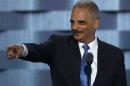 Former U.S. Attorney General Eric Holder speaks during the second day at the Democratic National Convention in Philadelphia