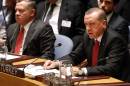 President Recep Tayyib Erdogan of Turkey addresses a meeting of the United Nations Security Council regarding the threat of foreign terrorist fighters during the 69th session of the U.N. General Assembly at U.N. headquarters, Wednesday, Sept. 24, 2014. (AP Photo/Jason DeCrow)