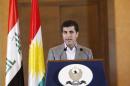 Iraq's Kurdistan Prime Minister Nechirvan Barzani speaks to the media after voting in Arbil